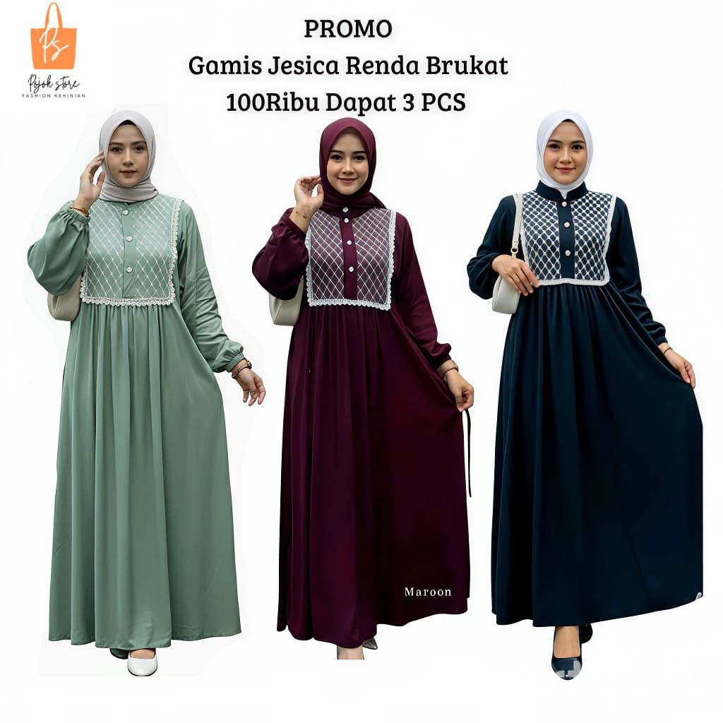 Gamis Jessica Dress Brukat Renda Wanita Muslimah Terbaru