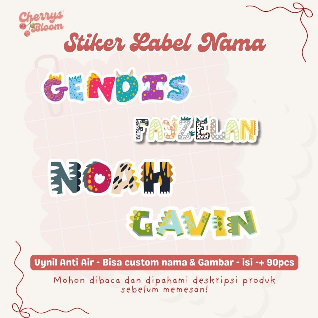 Sticker Label Nama Anak Waterproof | Stiker Nama Custom Vinyl Doff Sekolah & Barang Anak Font dinosa