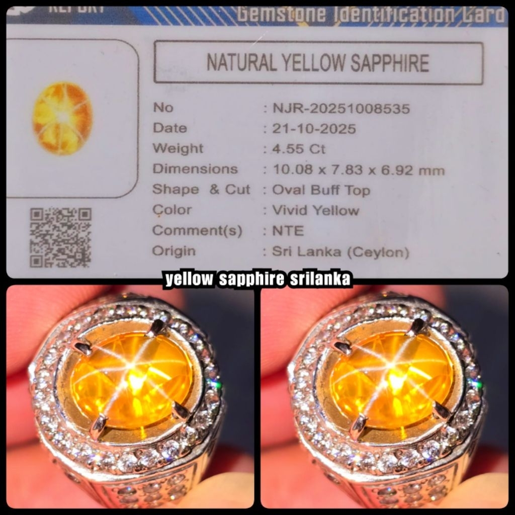 natural permata yellow sapphire star srilanka + ring perak asli