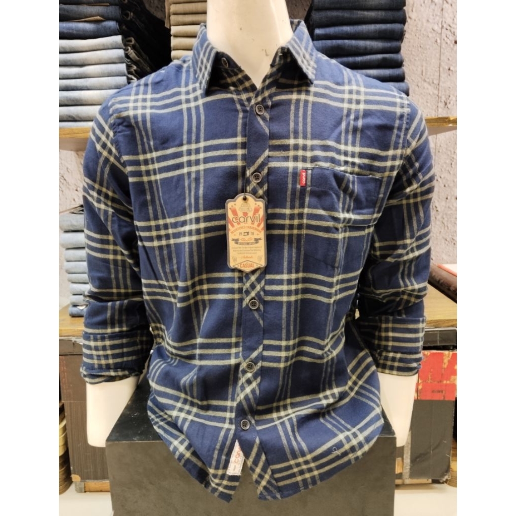 KEMEJA FLANEL PRIA CARVIL JEANS ORIGINAL SLIM WARNA NAVY LENGAN PANJANG KUALITAS PREMIUM