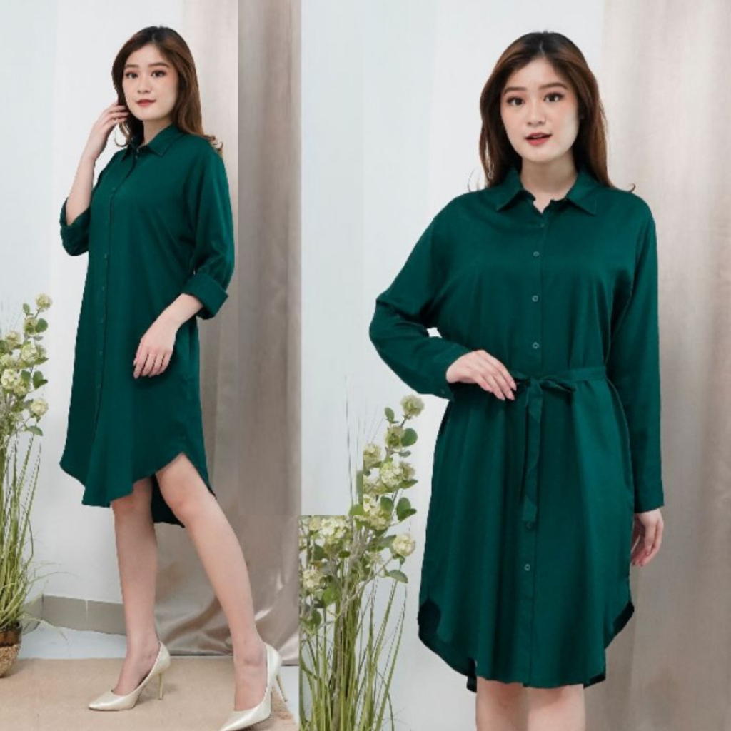 Long Dress Tunik Kemeja Polos Korean Style Wanita Lengan Panjang By AZKA Collection