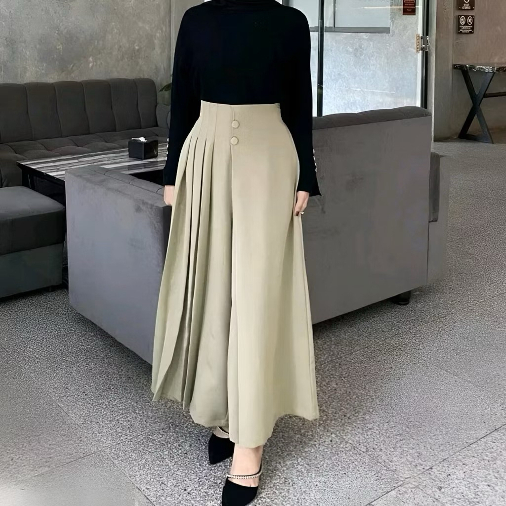 Celana husna Kulot Rok Wanita Kekinian husna Premium Higwaist Pleats -  Variasi 2 Kancing
