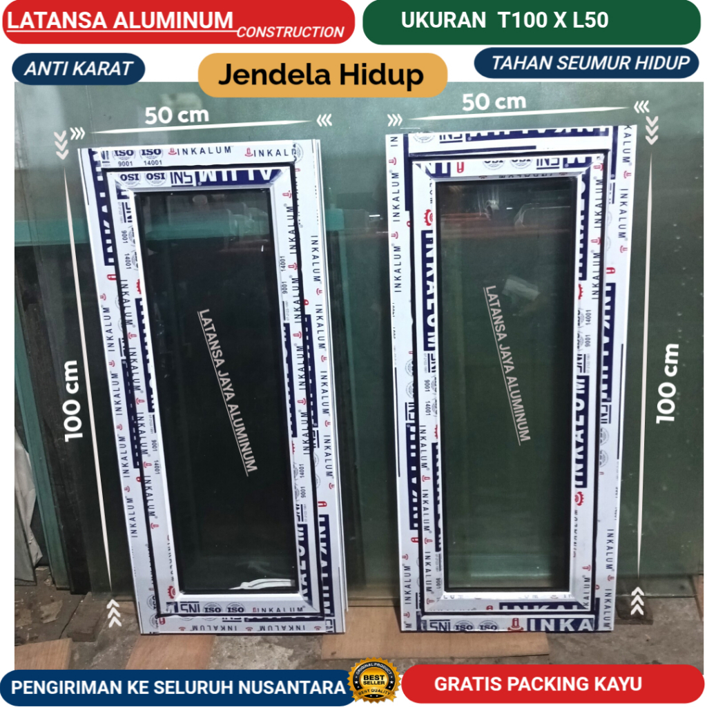 Jendela Aluminium Ukuran T100xL50 Boven Aluminium Casment Mewah