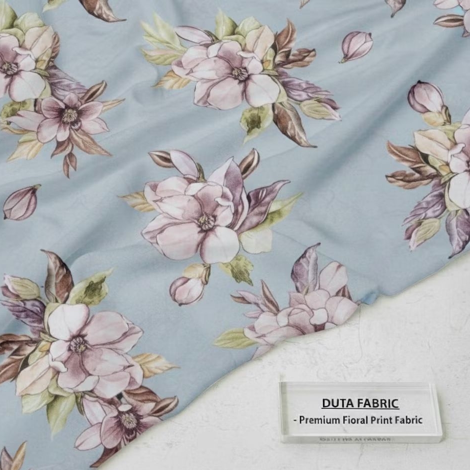Kain Ceruti Import Premium Motif Bunga Ungu Lilac Biru Muda | Kain Meteran Gamis Dress Elegan Flowy 