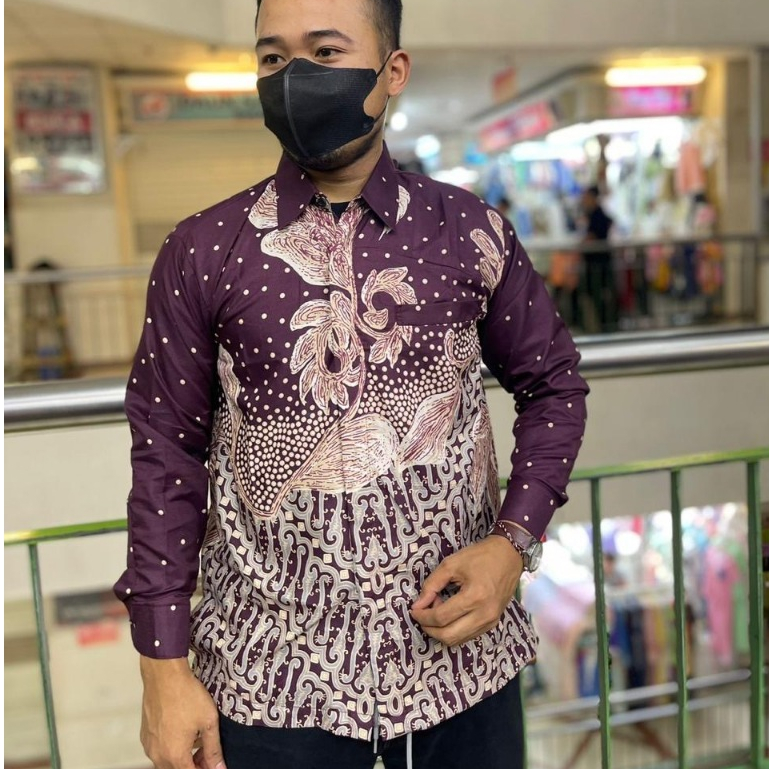 GRAND Ungu Burgundy Kemeja Batik Pria Katun Polymikro Motif Bunga Besar Premium Elegan Jahitan Presi