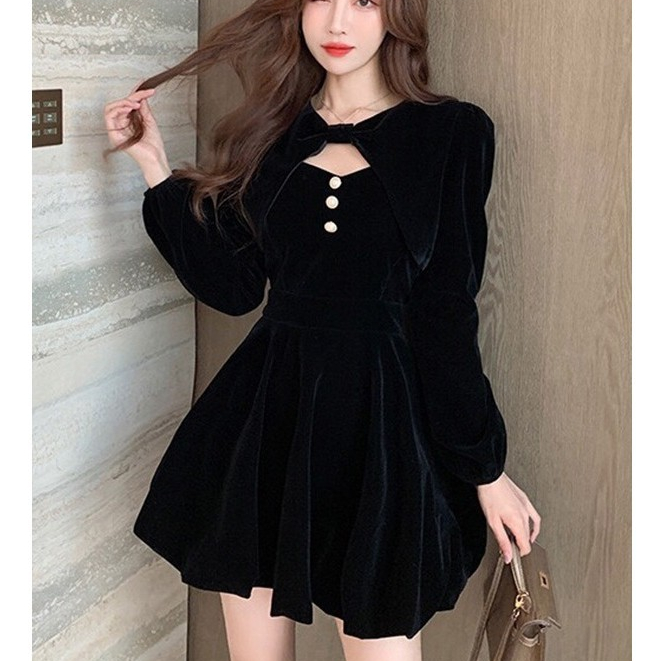 Korean Hitam Long Sleeve A Line Dress Wanita Puffy Skirt Elegant Halloween Mafia Party Gaun Terbaru 