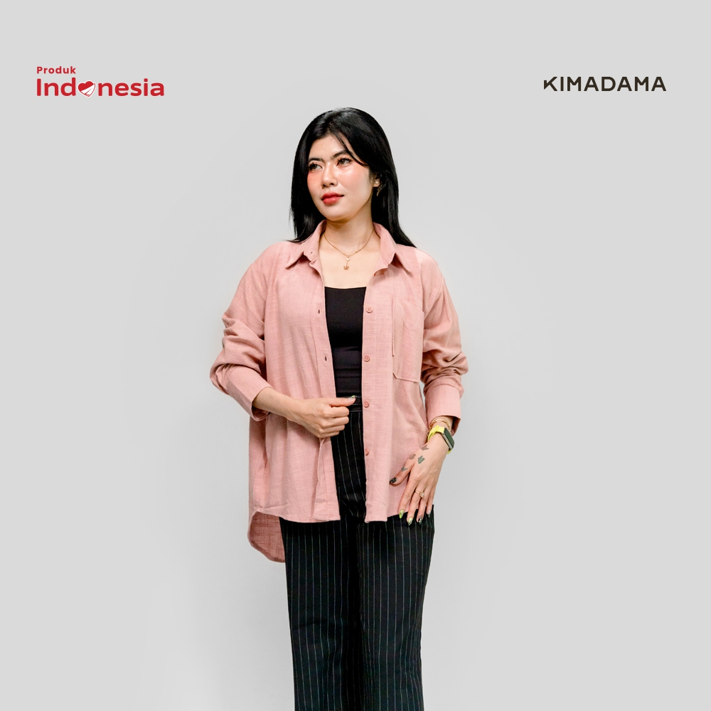 Blouse Linen Oversize Wanita EUNOIA Dusty Pink – Kemeja Casual Basic Premium