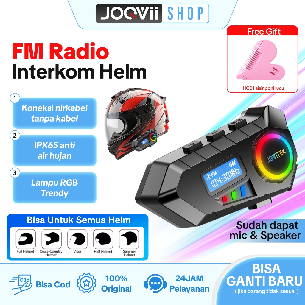 JOQVII Intercom Helm Waterproof IP65 Bluetooth Hands Free Call Headset Helm 2 Riders Connected - T08