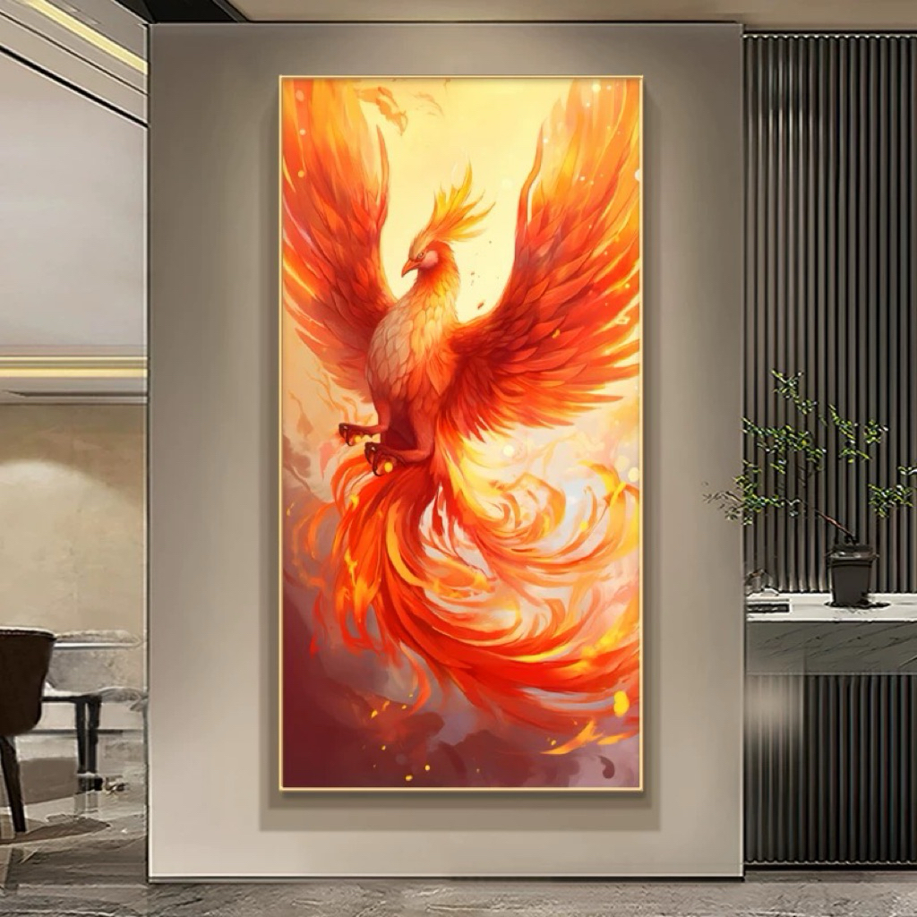 KOKOPAINTING Lukisan Porcelain Diamond 5D Kristal Motif Burung Phoenix Api / Lukisan Burung Phoenix 