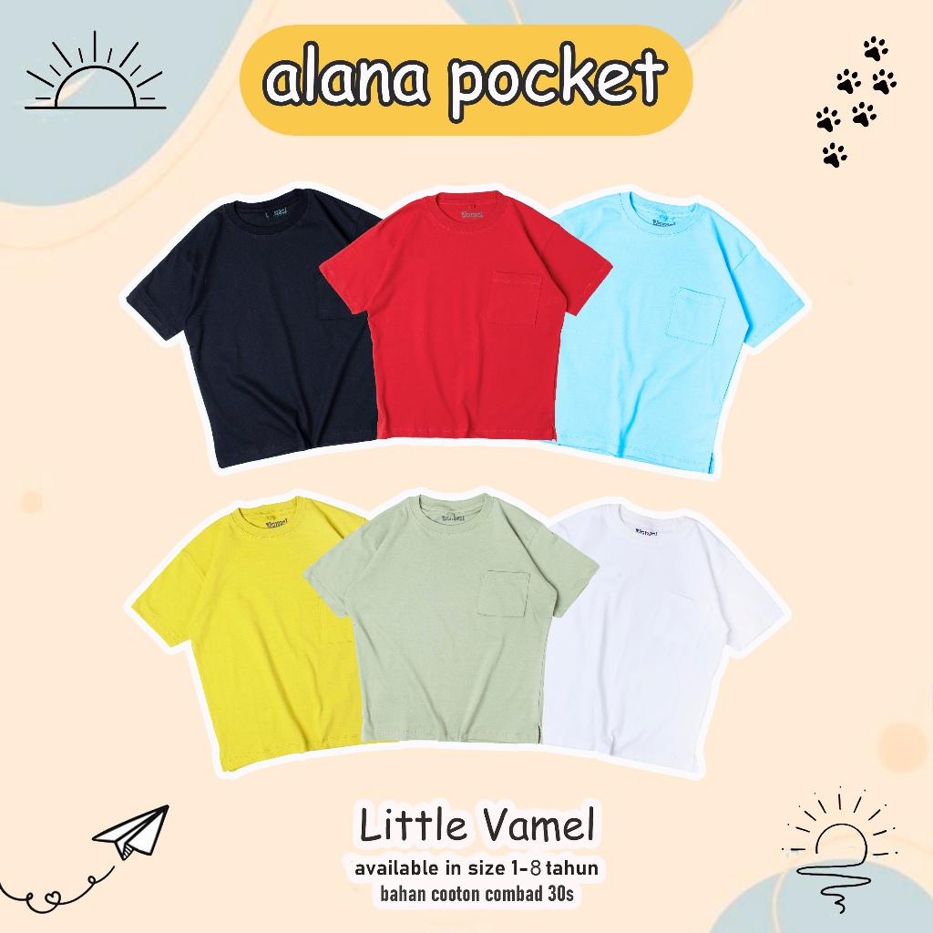 [LITTLE VAMEL] Baju anak laki-laki perempuan polos pocket tee oversize umur 1-8 tahun bahan katun