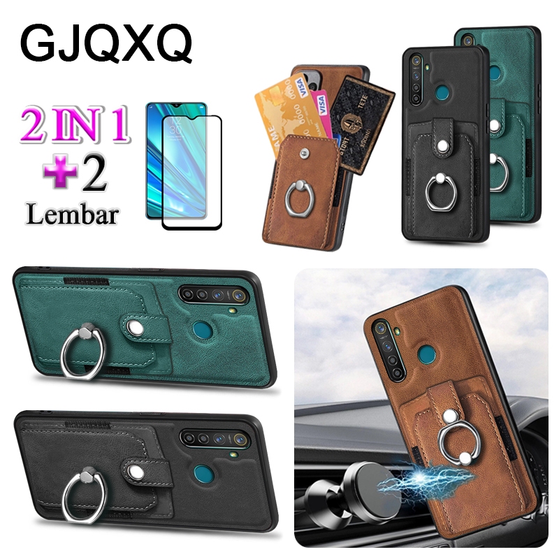 GJQXQ 2 In 1 Casing For Realme 5 Pro Case Kulit Premium Dengan Kartu Slot Wallet Holder Ring Stand D