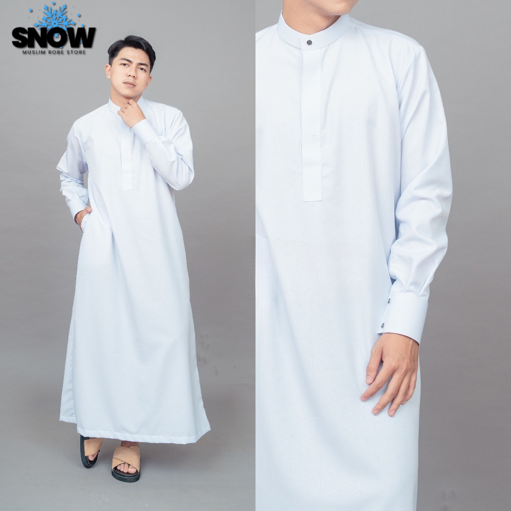 SnowMuslim - Gamis Pria Slim Fit Thobe Korea White Dewasa || Jubah Pria Premium White Thobe