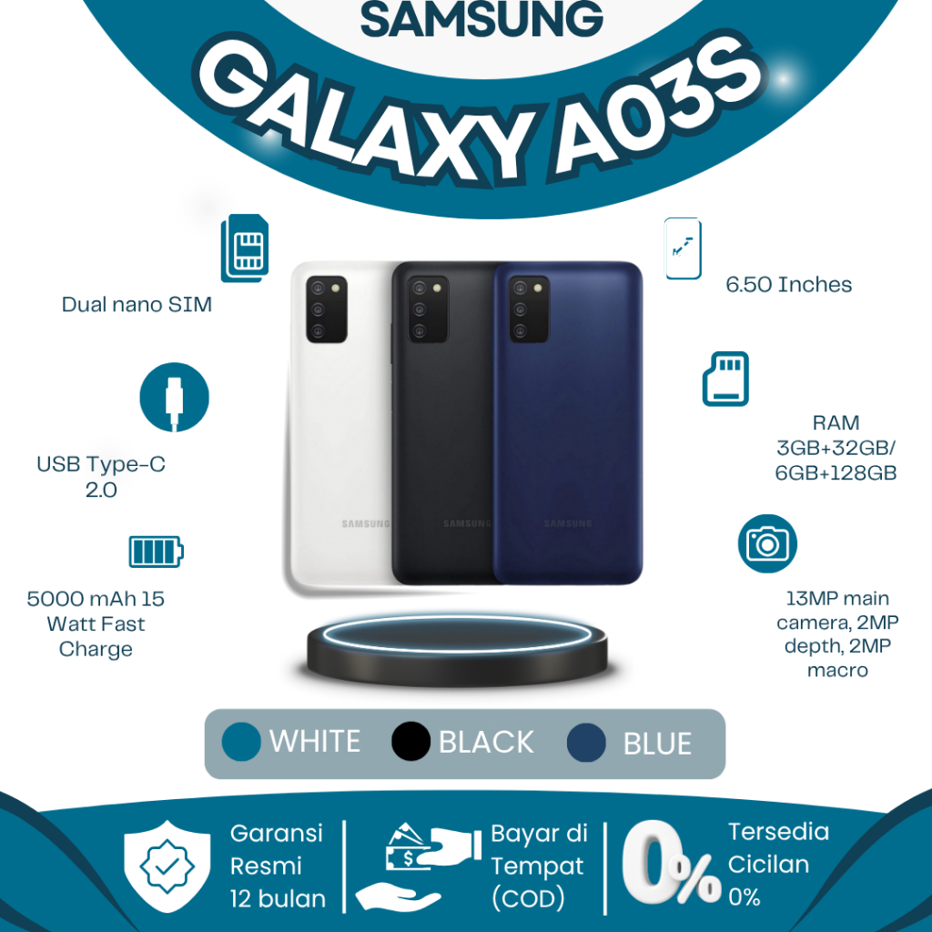 Samsung Galaxy A03s RAM 6GB + 128GBs dengan kamera 13MP, baterai 5000mAh, dan pengisian cepat 15W—ga