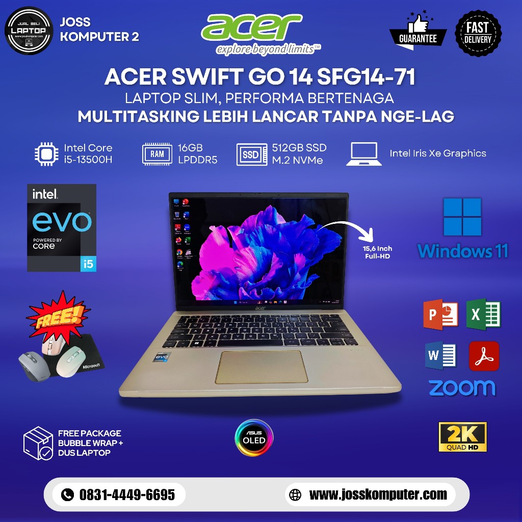 Laptop INTEL EVO Acer Swift Go 14 SFG14-71 / Intel Core i5-13500H / RAM 16GB / SSD 512GB NVMe / Inte