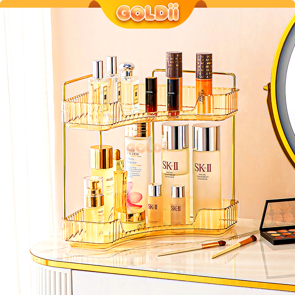 GOLDII - Rak Organizer Meja Rias Kosmetik Skincare Parfum Rak Sudut Segitiga Warna Gold Premium