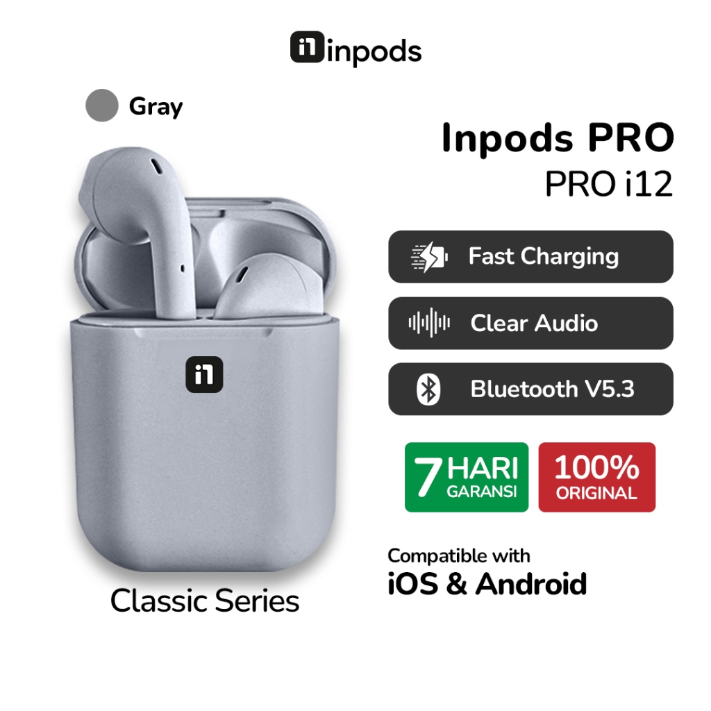 InPods Pro i12 Gray Classic TWS Headset Bluetooth Wireless Earphone Classic Series i12 Android iOS