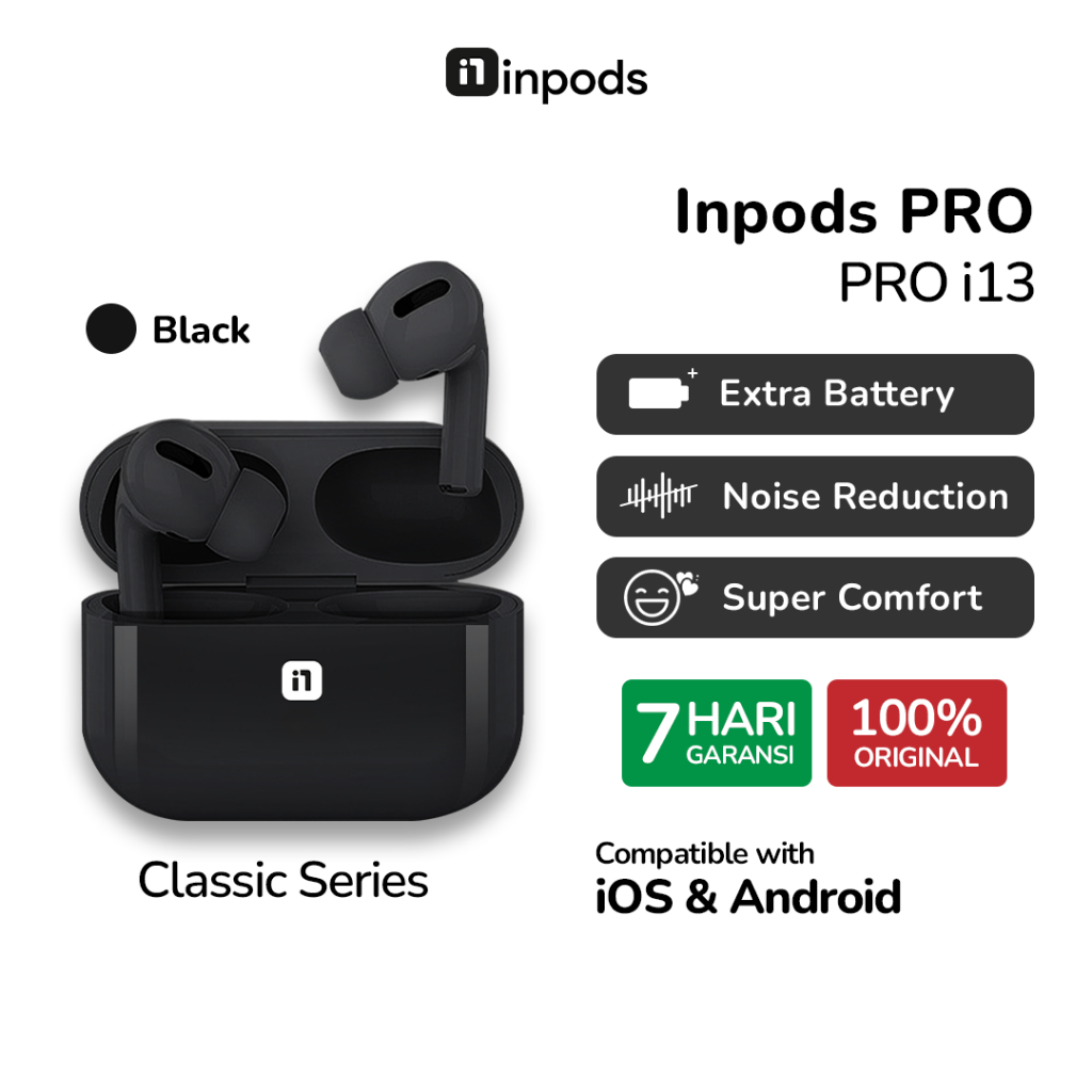 InPods Pro i13 Black Classic Series - TWS i13 Earphone Wireless Bluetooth, Mic Jernih Earbuds iPhone