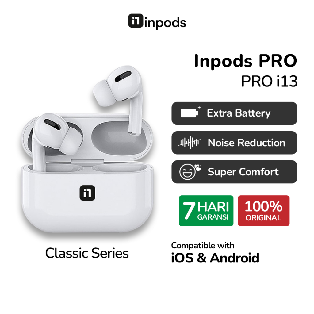 InPods Pro i13 White Classic Series - TWS i13 Earphone Wireless Bluetooth, Mic Jernih Earbuds iPhone