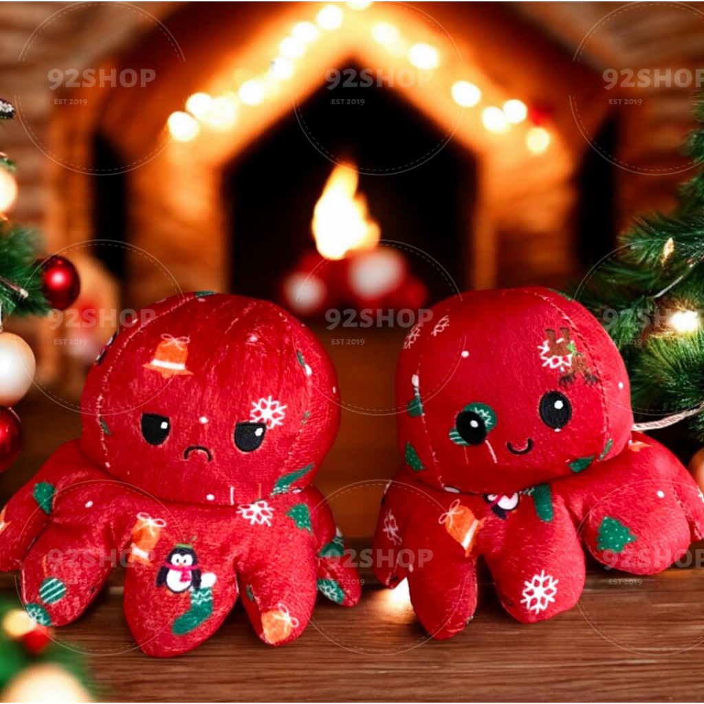 Boneka gurita bolak balik motif christmas | boneka cumi bolak balik | boneka octopus reversible chri