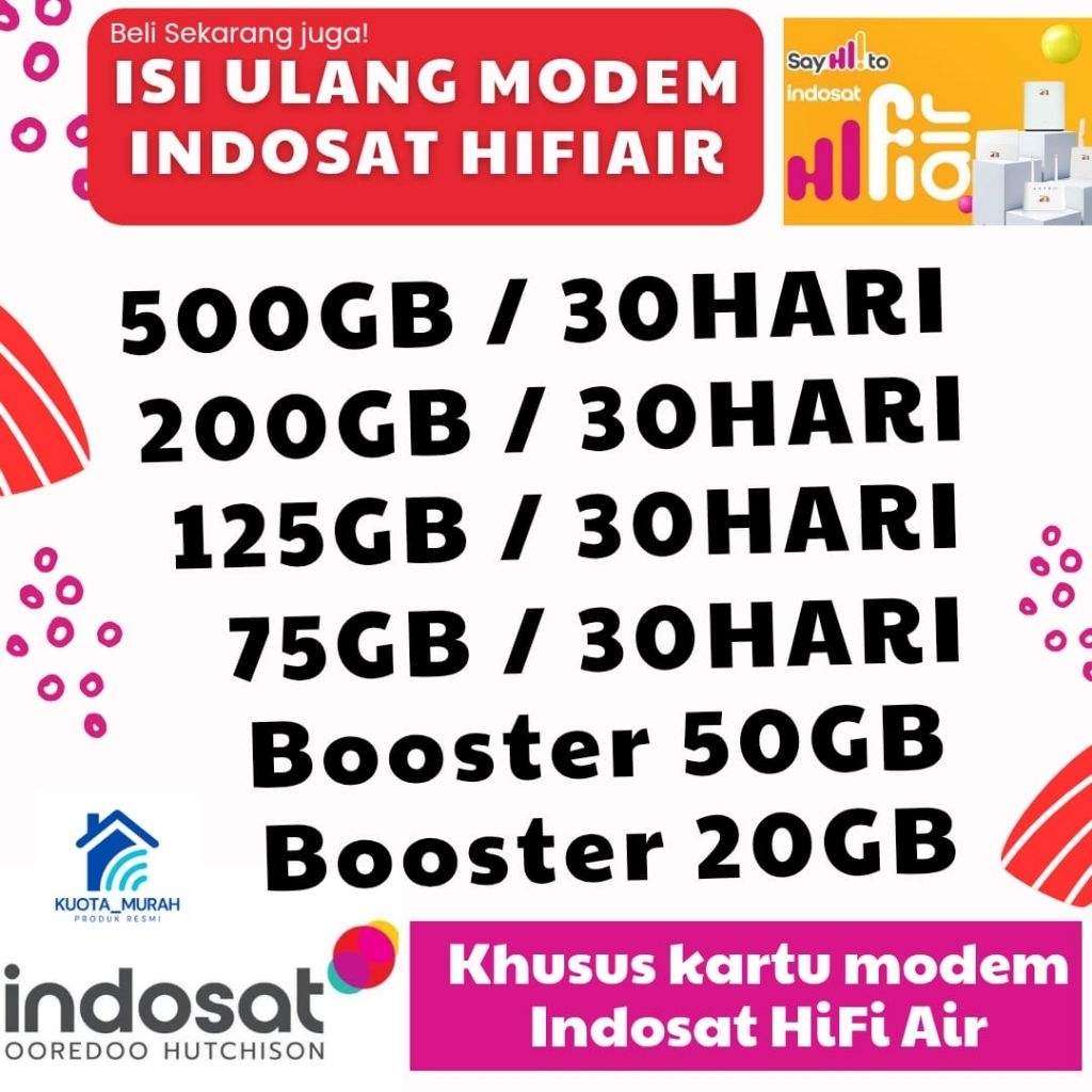 Promo Murah isi ulang khusus modem hifi air kartu indosat dan three 20GB 50GB 75GB 125GB 200GB 500GB