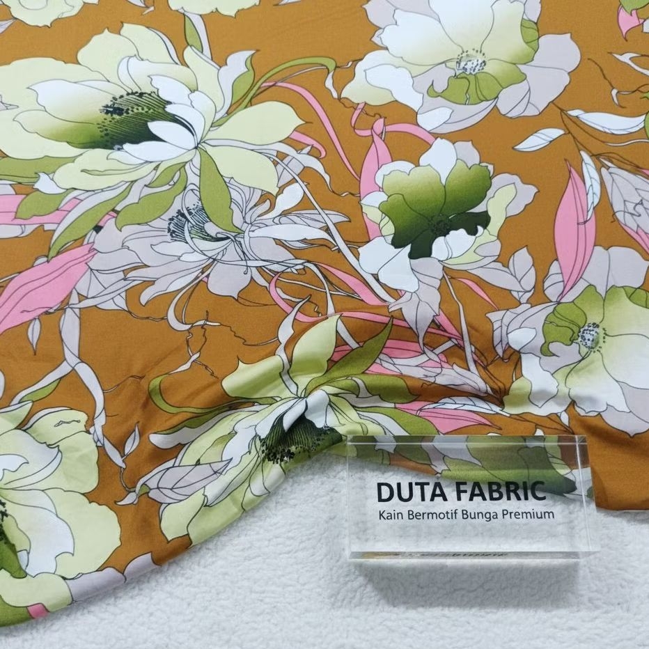 Kain Satin Maxmara Lux Premium Motif Bunga Besar Coklat Mustard (Harga Per 0,5)LQ