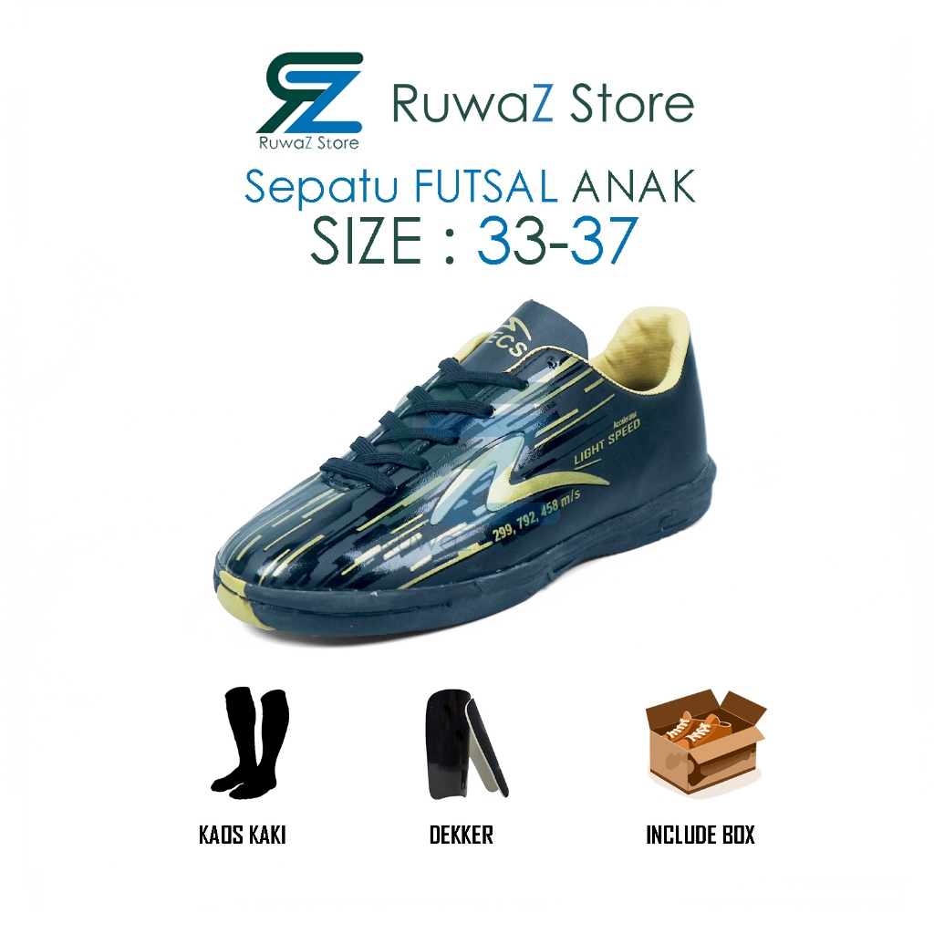 088889  SEPATU FUTSAL ANAK JUNIOR SPECS FUTSAL LIGHTSPEED REBORN HITAM GOLD SOL KARET MENTAH BERDECI