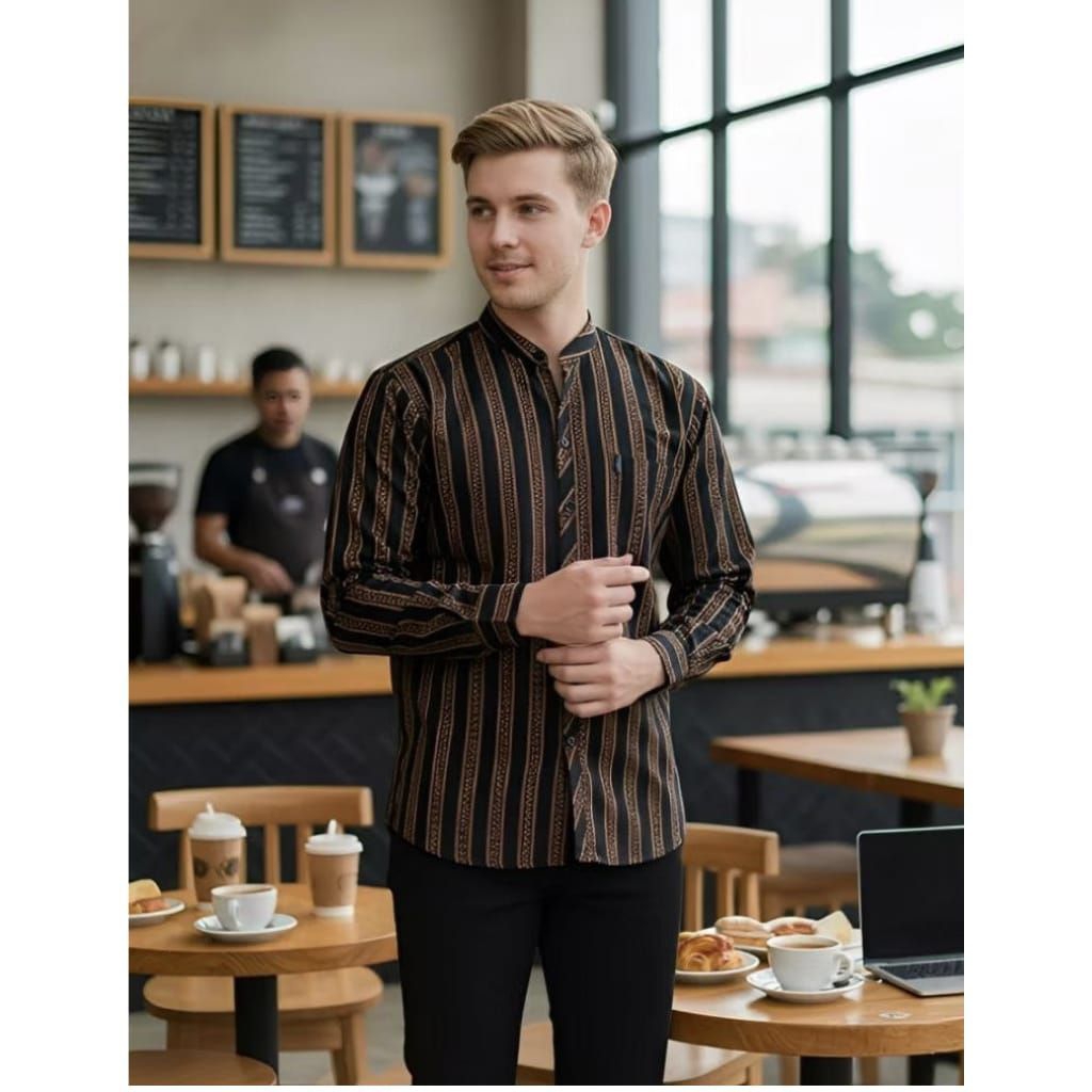 Baju Koko Batik Kemko Pria Lurik Jawa Lengan Panjang Katun Premium