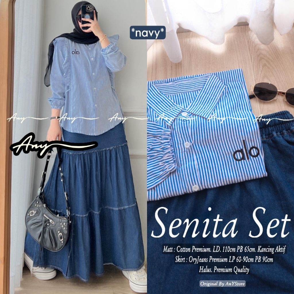 isna senita one set rok jeans by A.N.Y kemeja stripe baju kemeja wanita one set wanita kekinian rok 