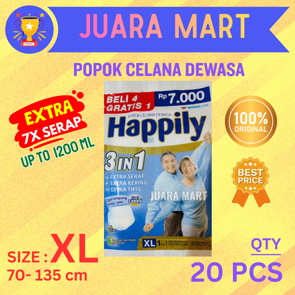POPOK MURAH DIAPERS PAMPERS HAPPILY DEWASA LANSIA PANTS CELANA EXTRA SERAP UKURAN XL 20 PCS