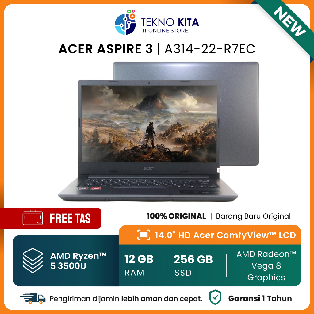 Laptop Acer Kencang AMD RYZEN 5 3500U 8GB/12GB 256SSD W11+OFFICE 14" HD - LAPTOP GAMING - TEKNO KITA