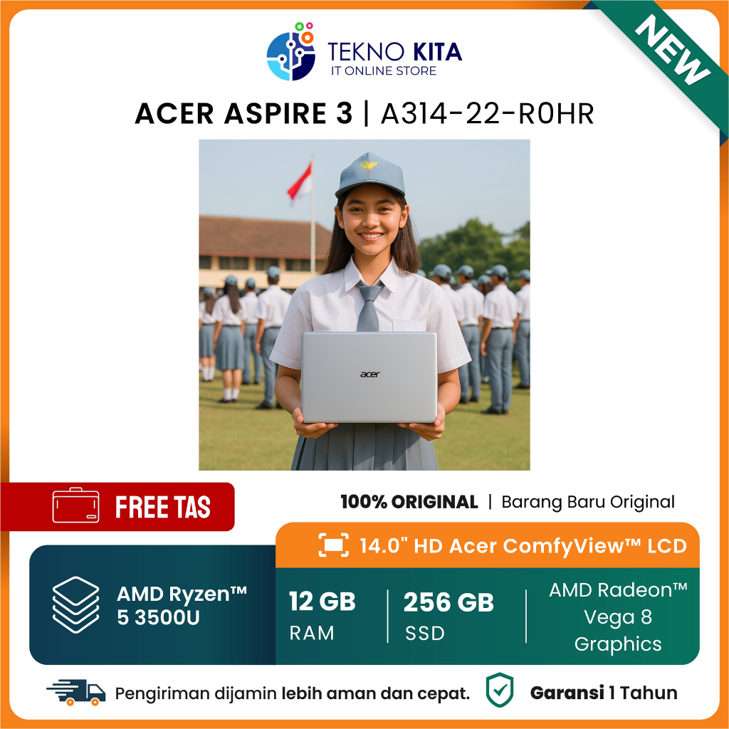 Laptop Sekolah SMA Acer AMD RYZEN 5-3500 | 8GB/12GB RAM | 256GB SSD | AMD RADEON VEGA 8 | 14"HD | PU