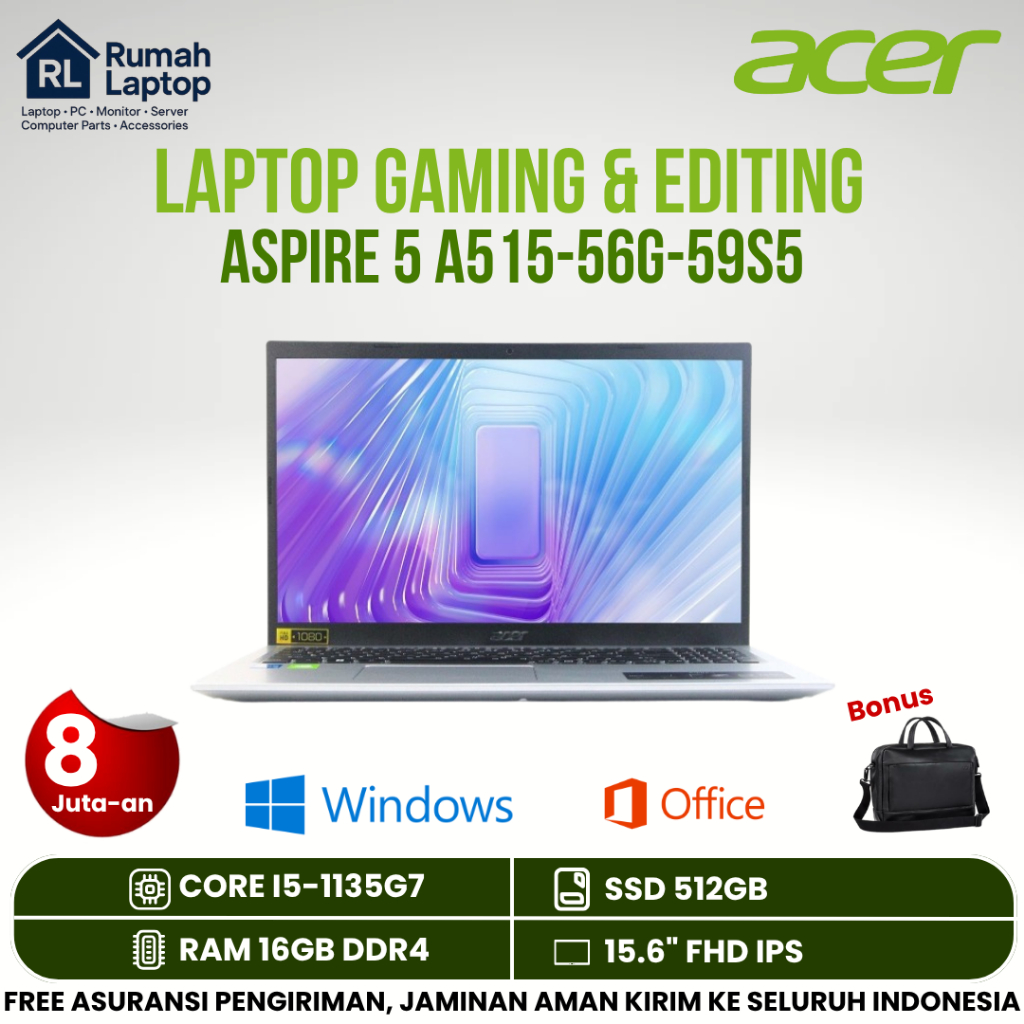 Laptop Core i5 Acer Aspire 5 A515 - 59S5 i5-1135G7 Ram 16GB SSD 512GB 15.6" FHD IPS