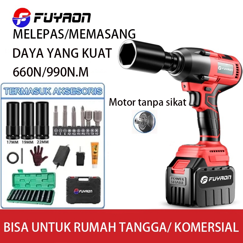 FUYAON Kunci Impact nirkabel Bor Impact Motor Brushless Kunci Impact Baterai Kunci Impact Listrik Ba
