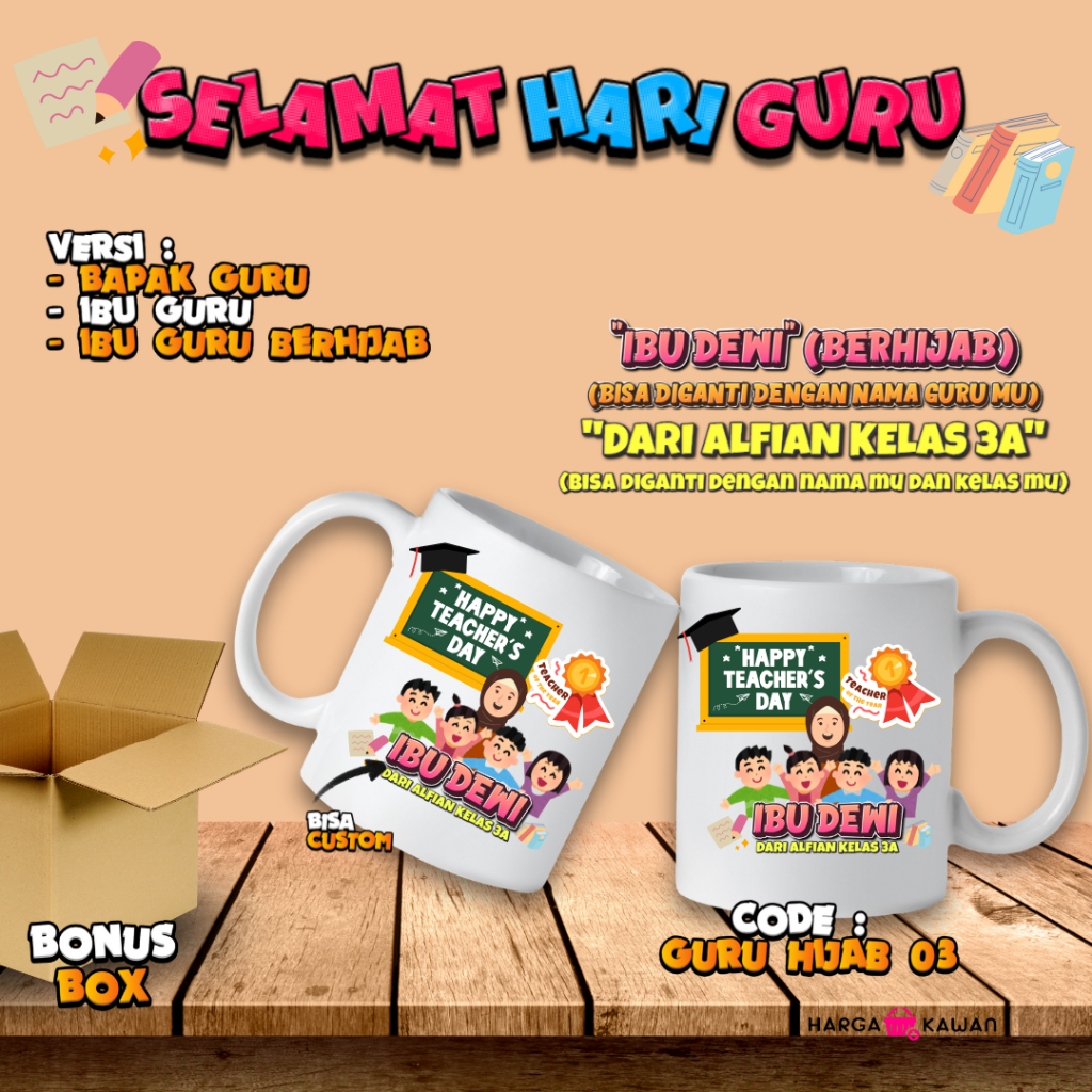 Mug Custom Hari Guru Custom Nama 340ml Desain Ibu Guru Berhijab / Ibu Guru / Bapak Guru