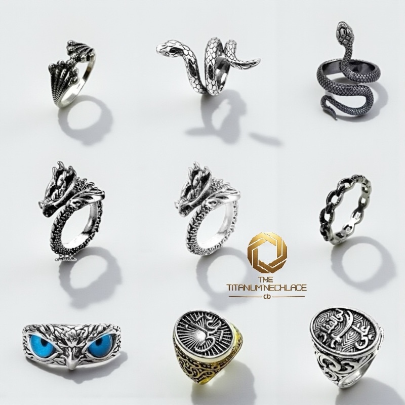 TitaniumNecklace Cincin Pria Wanita Motif Snake Ular Perak Silver Hitam Korea