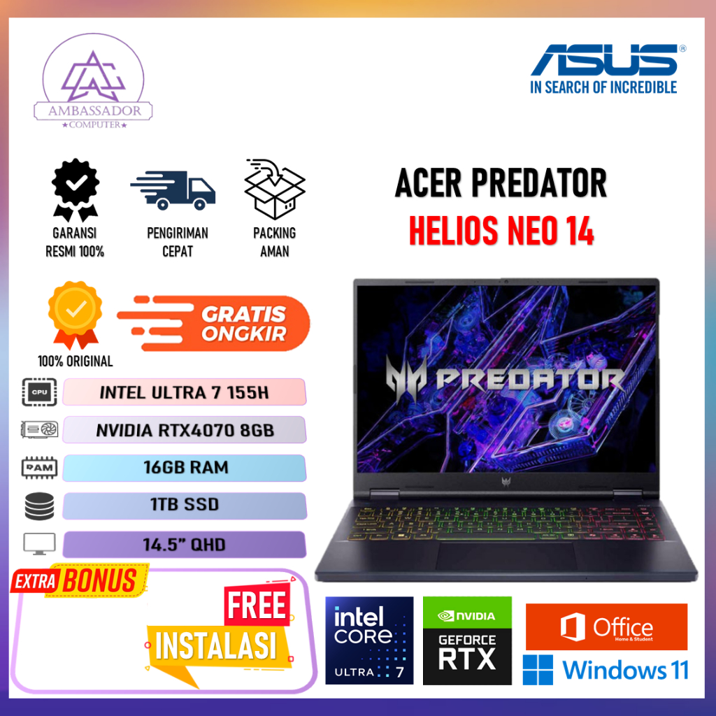 Acer Predator Helios Neo 14 Rtx 4070 8gb Intel Ultra 7 155H 16gb 1Tb ssd 14.5" QHD