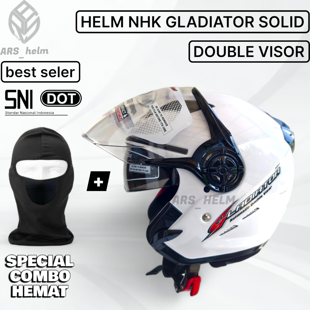 HELM HALF FACE DOUBLE VISOR NHK GLADIATOR SOLID WHITE | PUTIH
