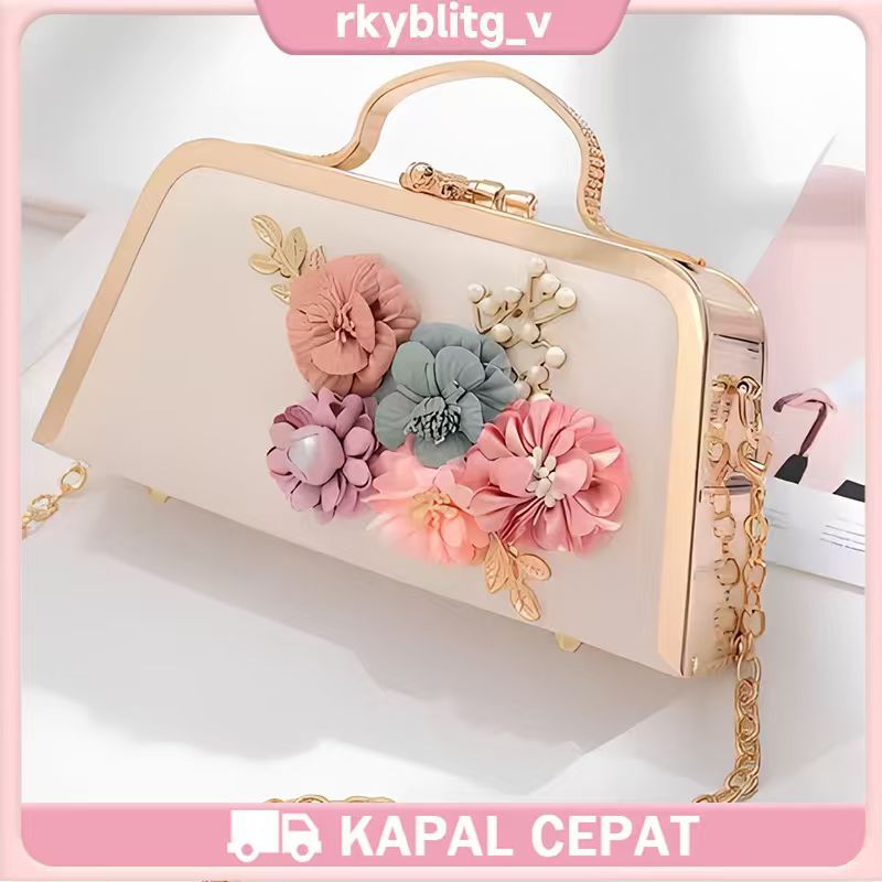 mall inline badge Tas Pesta Merah Elegan Gold Wisuda Tali Rantai Flower Fabric Tas Pesta Import