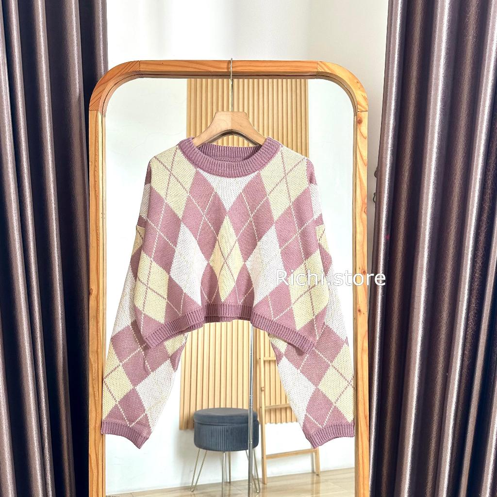 Nauren Crop Top Rajut Motif Kotak Kerah Bulat