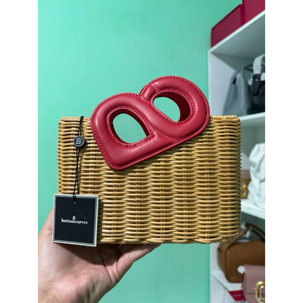 NINA Rattan Bag Leather Buttonscarves maroon+Box