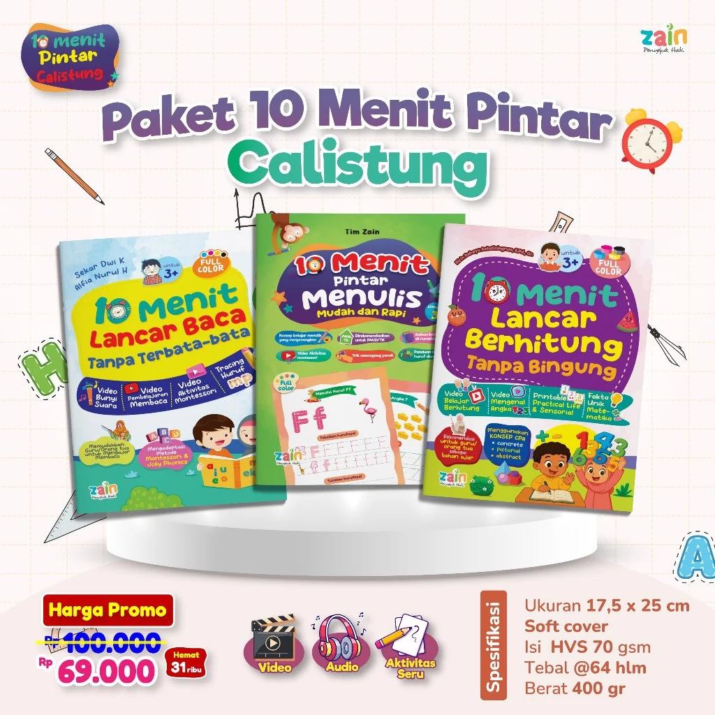 ZAIN - Paket 10 Menit CALISTUNG Belajar Baca Tulis Hitung tanpa Bingung (Paket 3 Buku)