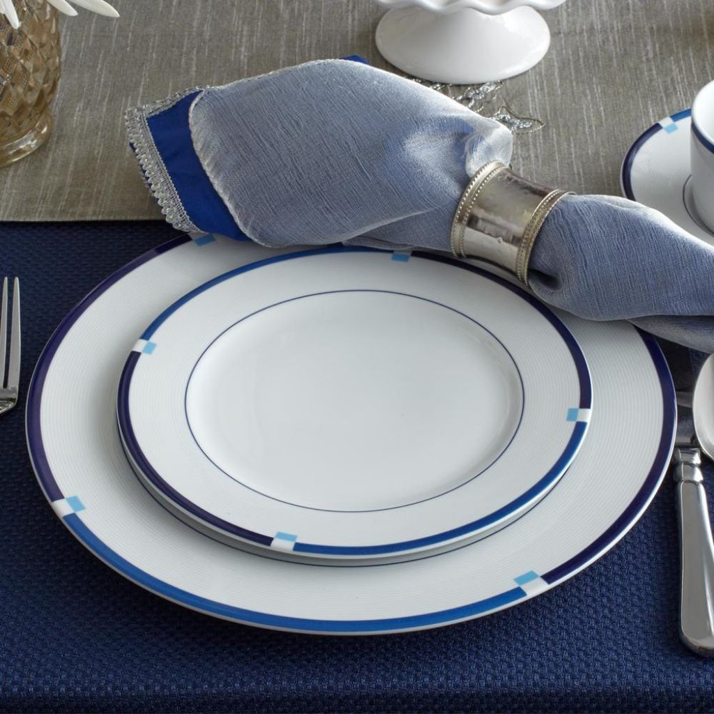Mkasa 4Pcs Piring Makan Putih Biru- Dinner Plate Mkasa Jet Set Blue - 4x Blue Line Accent
