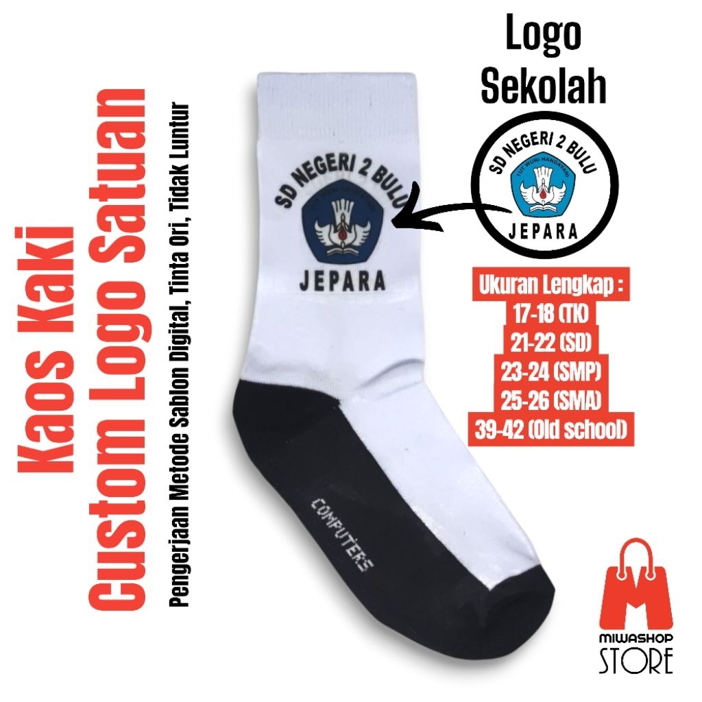 Kaos Kaki Custom Logo Sekolah Satuan SABLON TK SD SMP SMA - Bahan PE Tebal