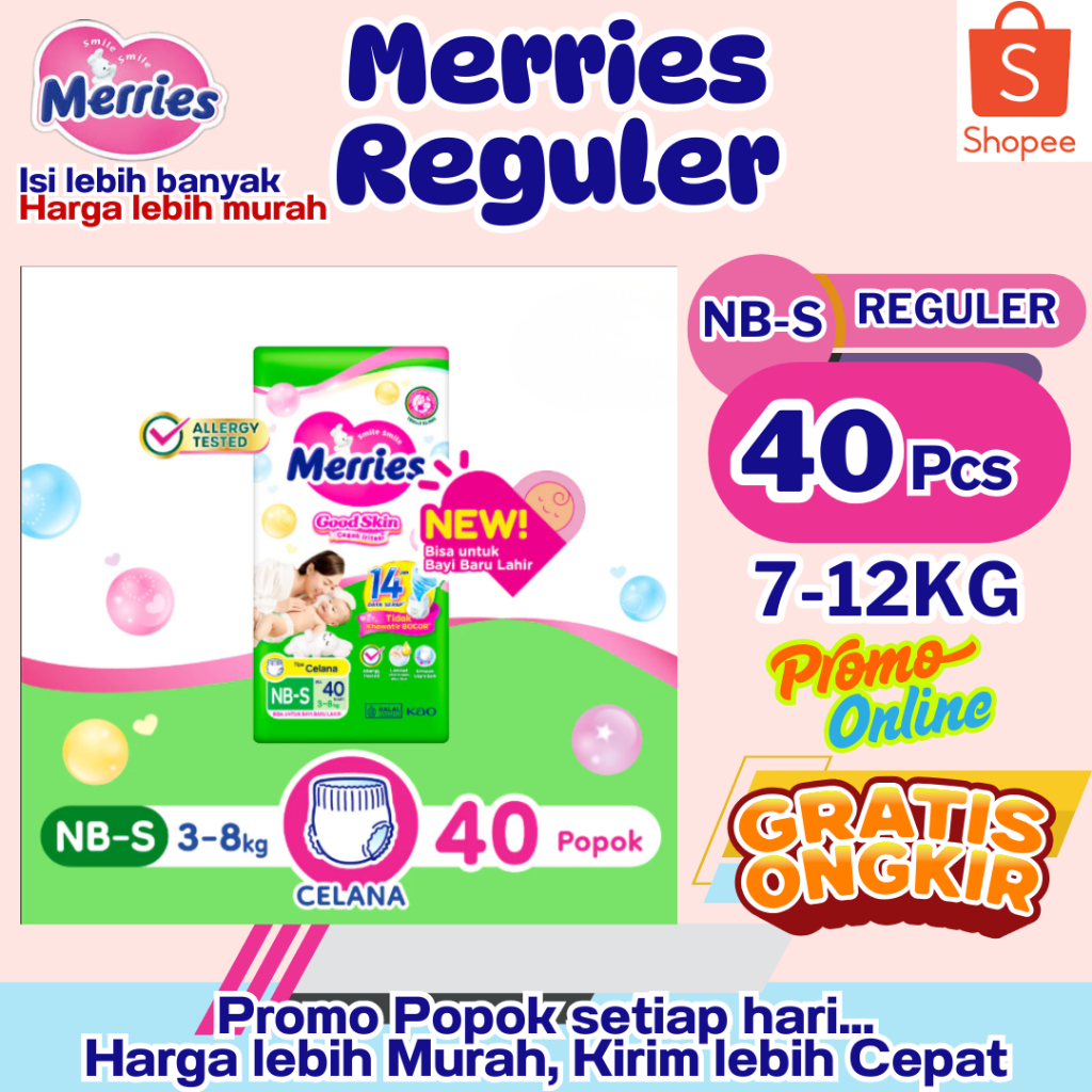 Popok Merries Reguler NBS 40 / M 32 / L 28 / XL 26 / XXL 28 - Popok Bayi - Popok Celana