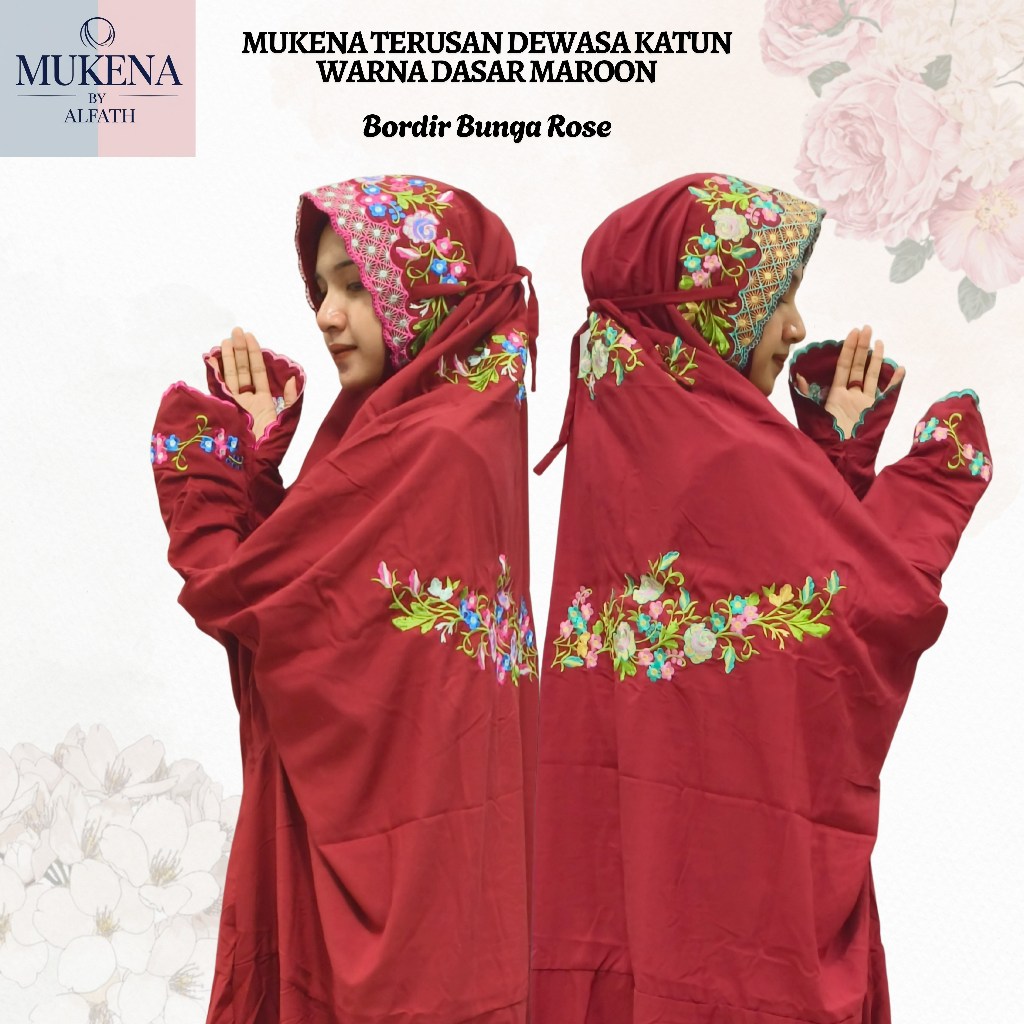 Mukena Terusan Dewasa Katun Mikro Super Soft Kain Dasar Warna Maroon Motif Bordir Rose