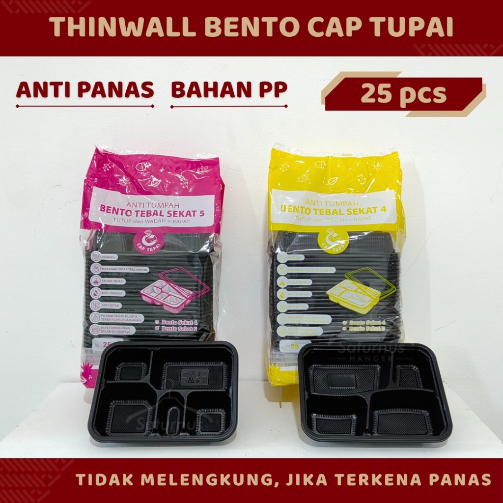 Thinwall Bento TUPAI Hitam Sekat 4, Sekat 5 / Thinwall Bento Hitam / Kotak Bekal Hitam / Isi 25pcs-P