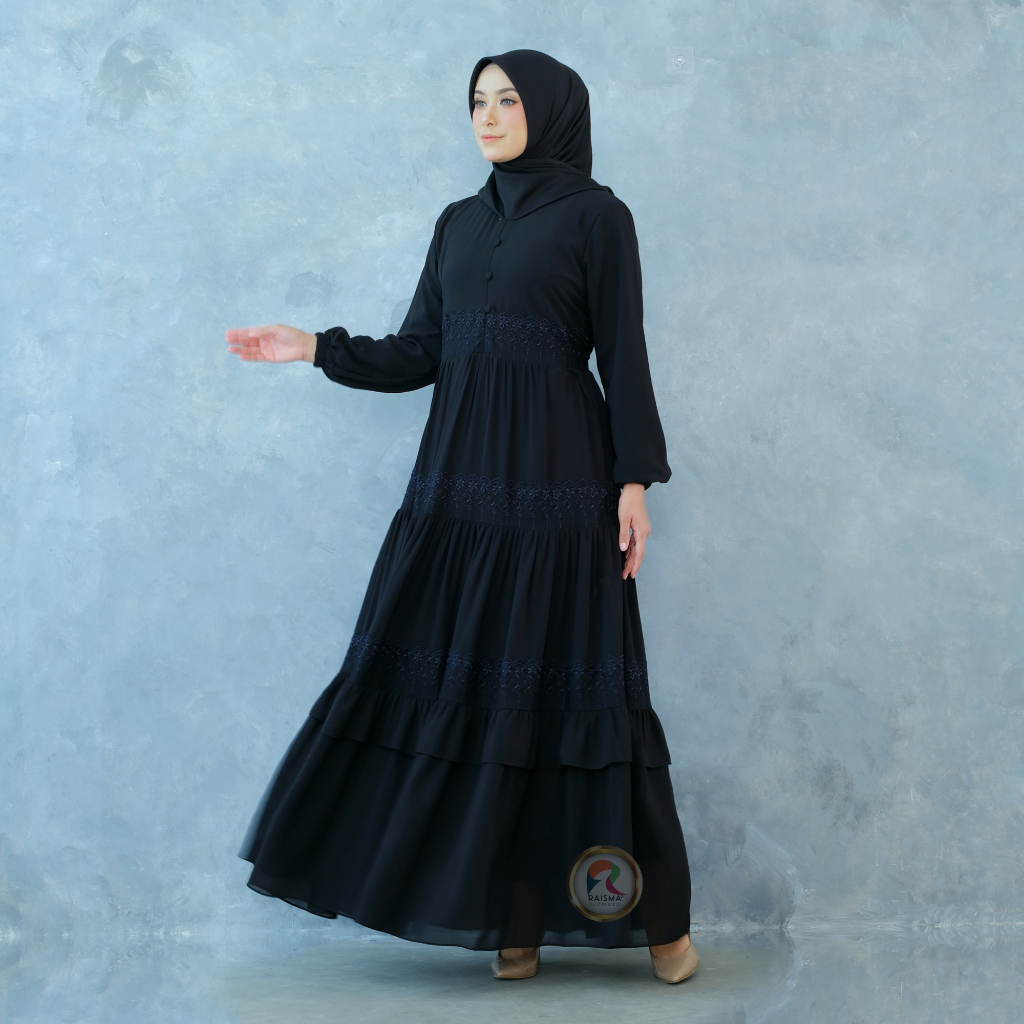 Dress Hitam Aysin Bahan Ceruti Aplikasi Renda Til Senada