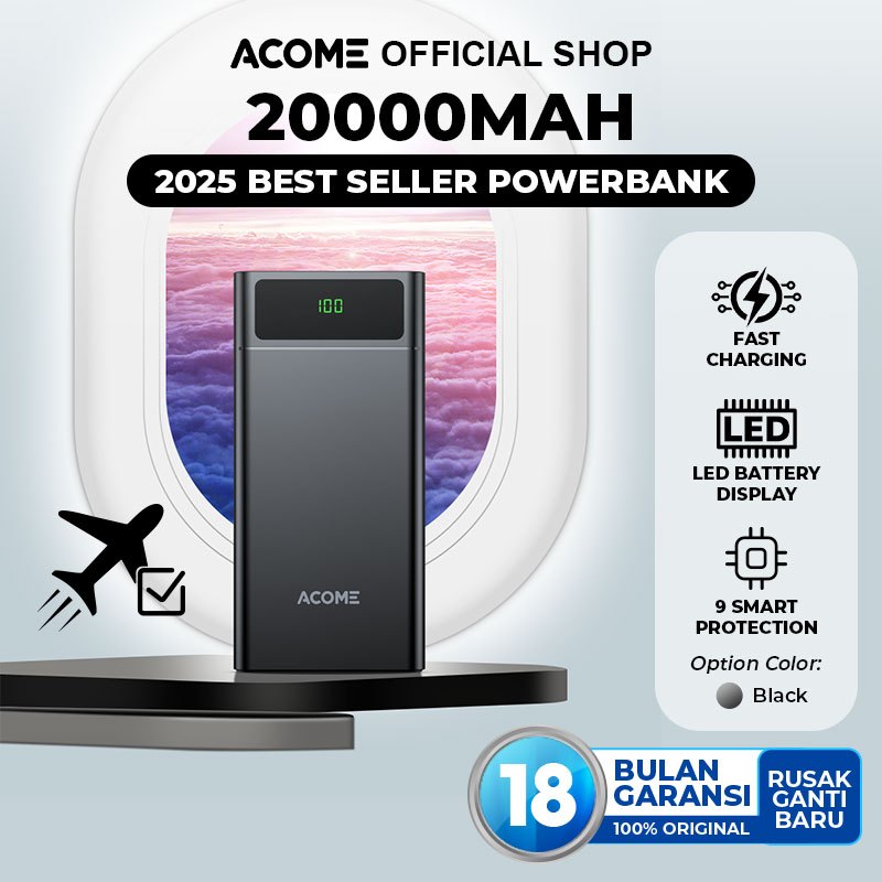 Acome Powerbank 20Mah Fast Charging Led Display Dual Input & Three Output Orinal Ap201 Garansi Resmi