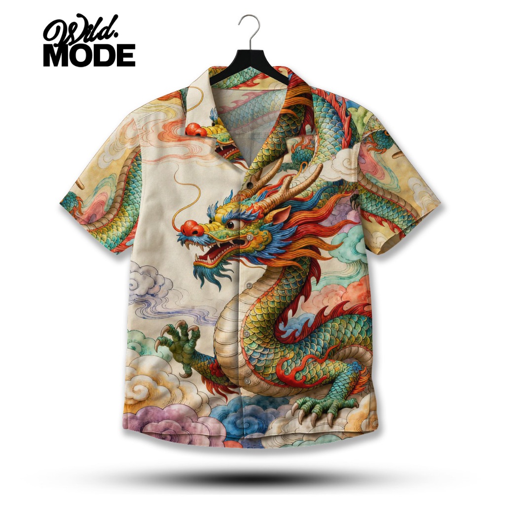 WILD Kemeja Full Print Ilustrasi Naga Warna-warni Oriental – Desain Chinese Art Vintage | WD-671