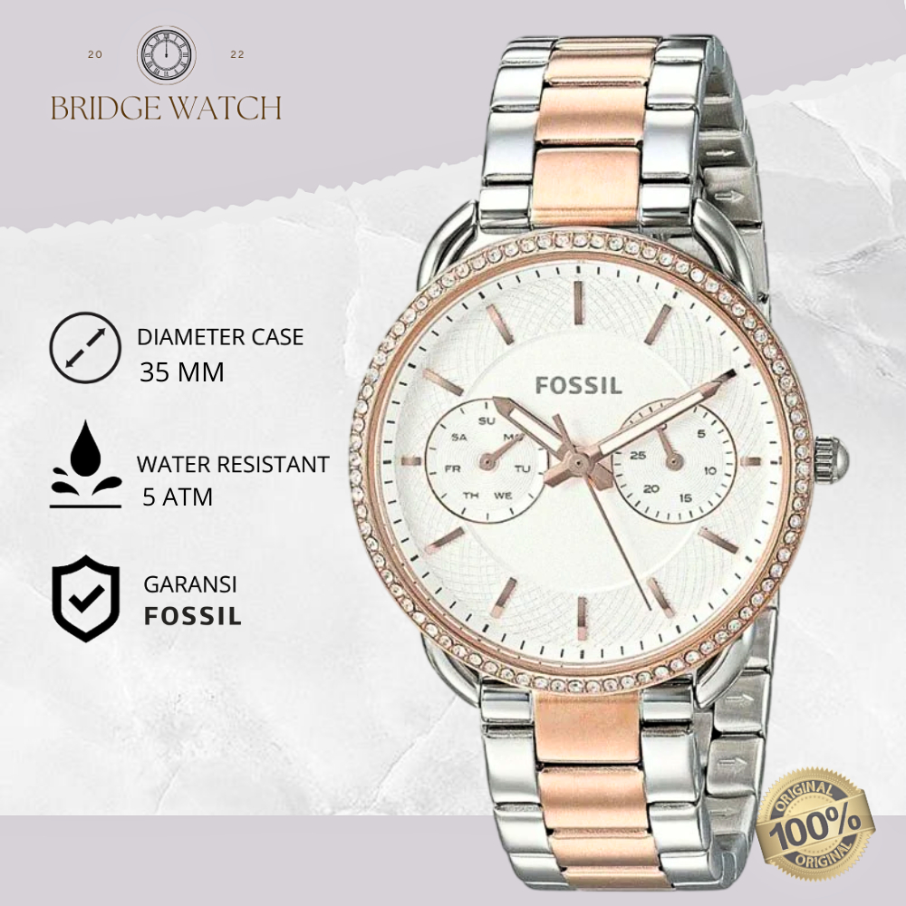 Jam Tangan Wanita Fossil Tailor ES4396 Chronograph Silver Gold Stainless Steel Strap Rantai Mewah Or